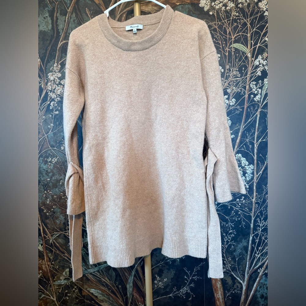 Madewell Merino Wool Knit Camel Brown Tie Cuff Long Sleeve Mini Sweater Dress - Picture 2 of 5